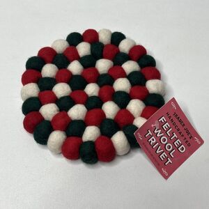 Trader Joe's Red White Green Christmas Round Handcrafted Felted Wool Trivet 7”